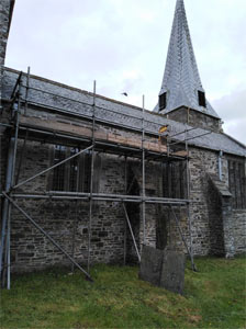 Scaffold on church ready to mend guttering